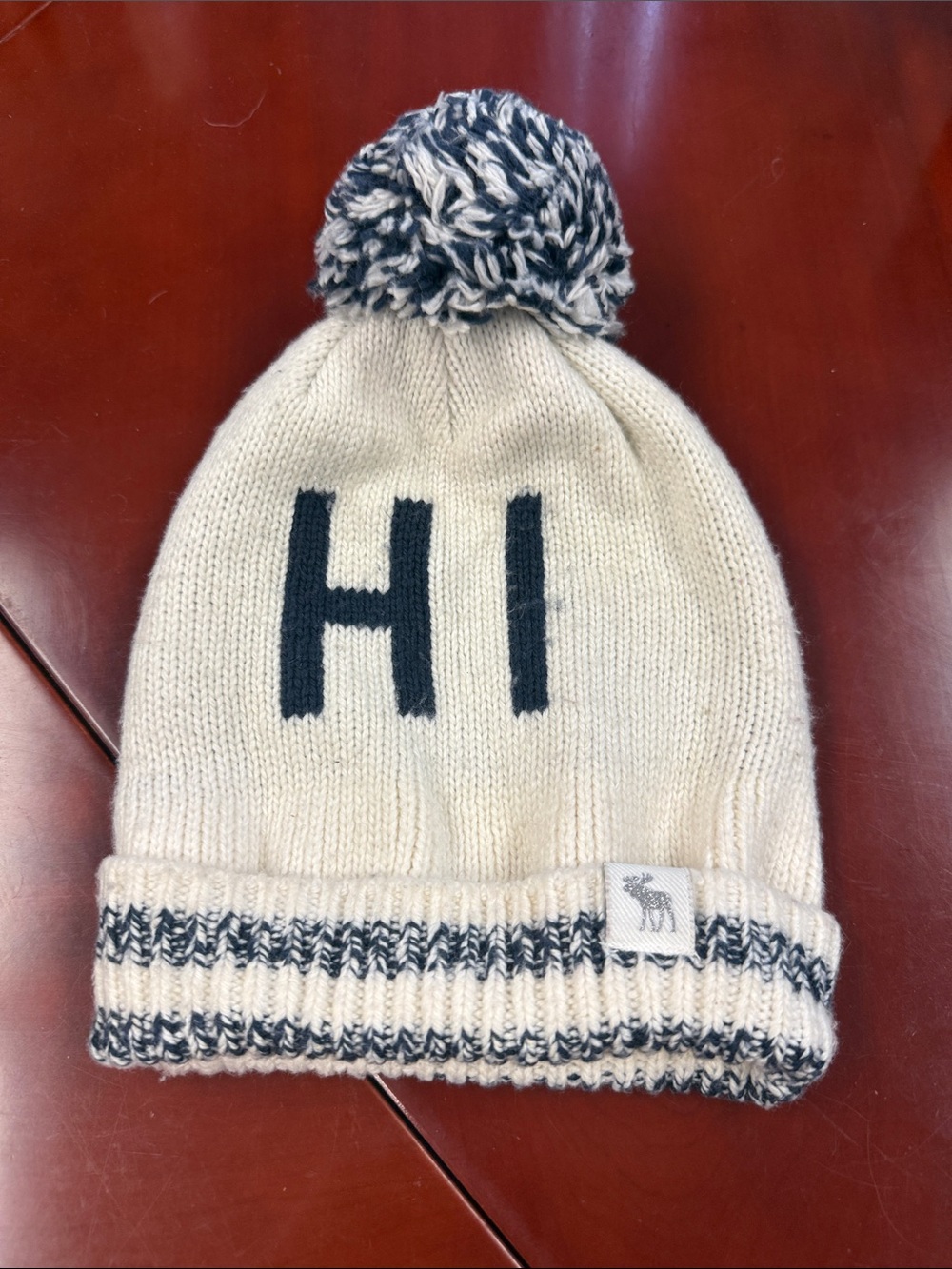 abercrombie kids Cream and Dark Navy Pom Beanie